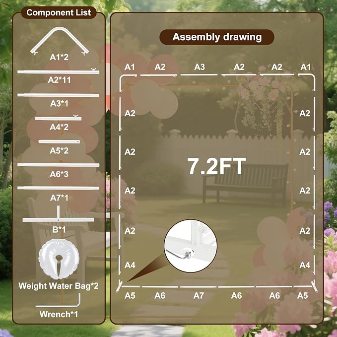 GOJIAWAY 7.2ft White Square Backdrop Stand, Metal Frame,2 Water Bags Base | Adjustable Height 4–7.2ft, Rust-Resistant, Quick Snap Assembly, Stability, for Wedding, Photo, birthday party, balloon arch