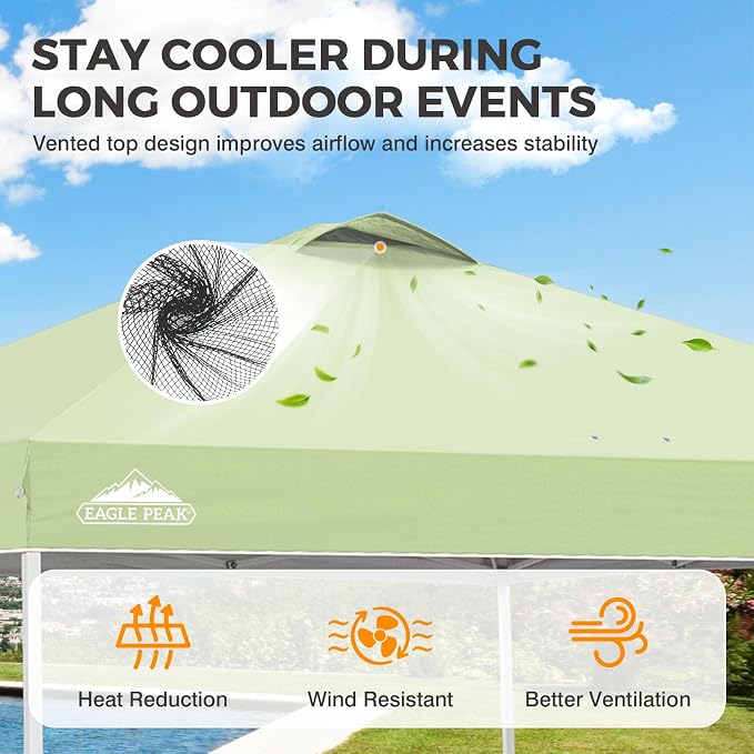 EAGLE PEAK Pop Up Canopy Tent with Wheeled Carry Bag, 8 Stakes, 4 Ropes, 4 Weight Bags, Easy Set Up Tent Canopy, 10x10 ft, 100sqft of Shade, Smoke Green