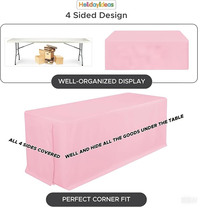 HolidayIdeas 4-Pack 6ft Pink Rectangle Craft Shows Fitted Tablecloth | Wrinkle resistant table covers; bulk quantity pack for professional trade exhibition displays or vendor booths