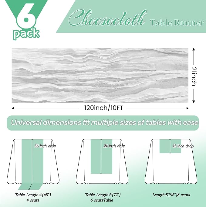 6 Pack White Cheesecloth Table Runner 21x120 Inches, Boho Gauze Rustic Semi Sheer Cheese Cloth Table Runners for Easter Wedding Bridal Baby Shower, Birthday Party, Long Farmhouse Table Decor