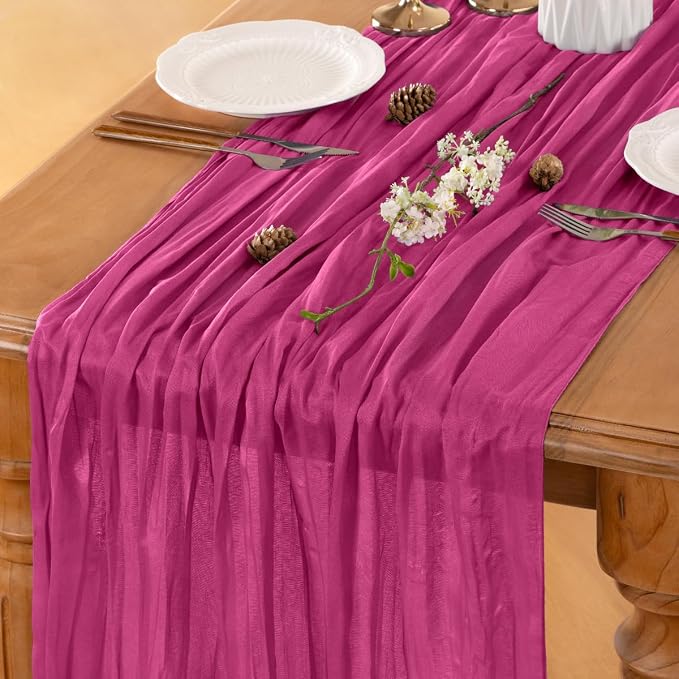 LINXTAR Fuschia Cheesecloth Table Runner 120 Inches 10Ft Gauze Summer Boho Table Runner for Wedding Tea Party Baby Shower Bridal Birthday Home Decoration
