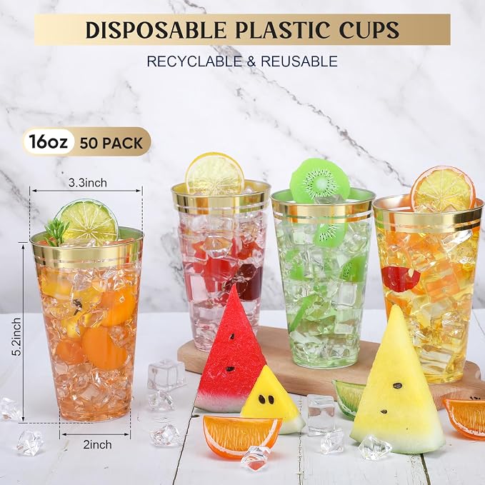Sliner 50 Pcs Hard Plastic Cups Double Rimmed Plastic Cups Heavy Duty Fancy Wine Glasses for Holiday Christmas New Year Winter Birthday Party Supplies(16 Oz,Gold)