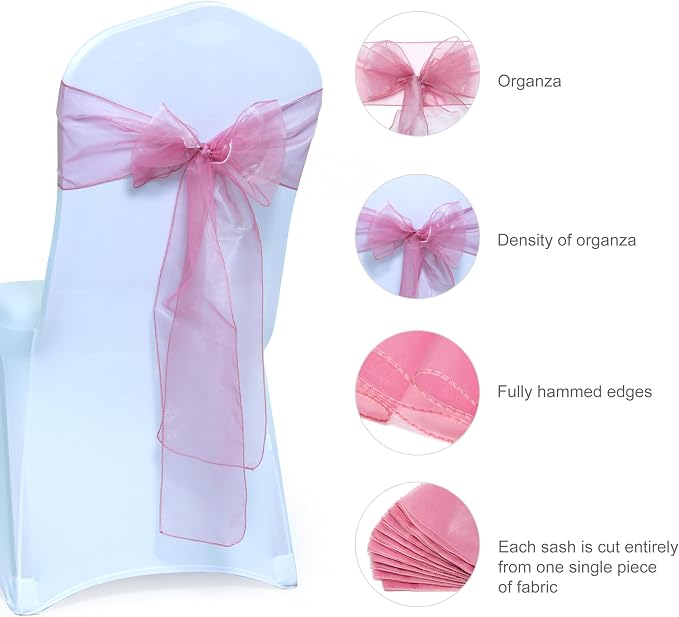 MDS® Pack of 300 Organza Chair Sashes for Wedding Decoration, Reusable Sheer Chair Bows for Banquet Chair Cover, Reception, Bridal Shower, Baby Shower, Birthday Party & Special Events - Dusty Pink