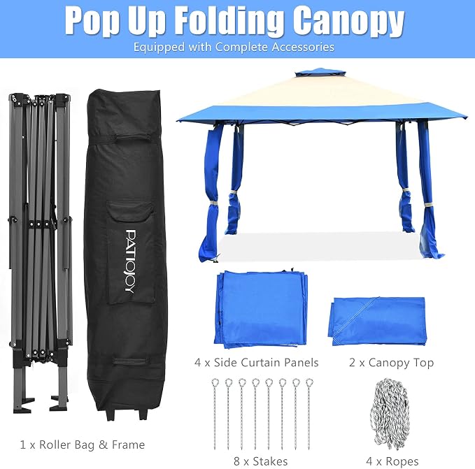 Tangkula 13 x13Ft Pop-Up Gazebo, Outdoor Canopy Shelter Tent w/ 2-Tier Roof, Corner Curtains & 3 Adjustable Heights, Patio Gazebo with 169 Sq.Ft of Shade for Yard, Patio, Beach & Park (Blue)