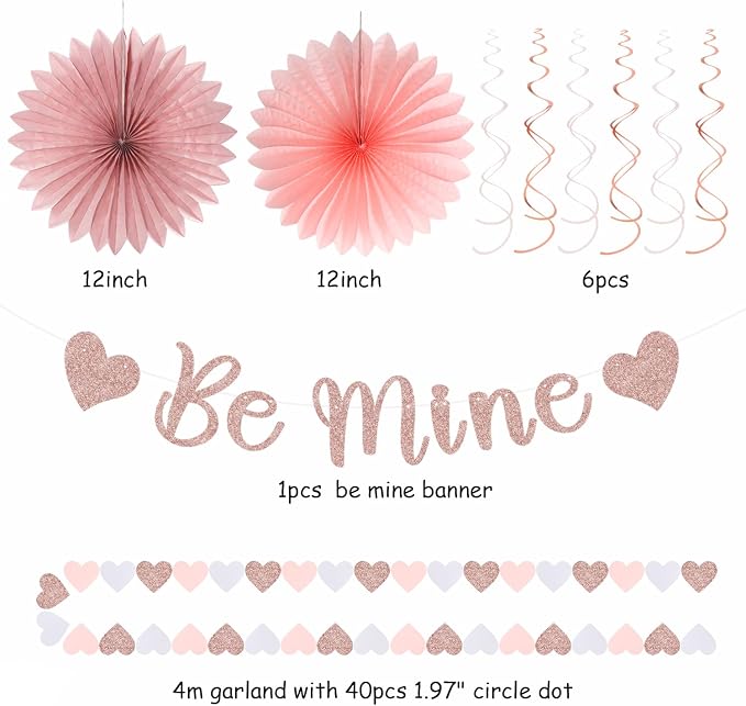 Blush-Light Pink Valentines-Day Galentines Party-Decorations - 22pcs Rose Gold Be Mine Love Banner,White Paper Lanterns Honeycomb Balls,Tissue Pom Poms Flowers Fans,Happy Anniversary Decor Hugmoon