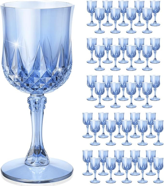 Plastic Wine Glasses, Disposable Plastic Goblets 7.1oz for Wedding Party Holiday, Unbreakable Wine Cups with Stem Vintage for Champagne, Juice, Cocktail (48pcs Blue)