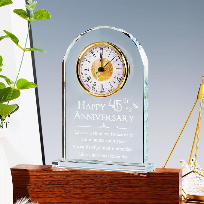 YWHL 45th Wedding Anniversary Quartz Clock Gift for Parents, 45 Year Anniversary Romantic Gifts for Couples, Happy 45th Anniversary Glass Keepsakes Decorations (Battery not Included)
