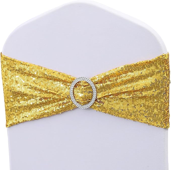 100 Pack Gold Sequin Chair Sashes for Wedding Decor, Glitter Chair Sash Bows Bands with Buckles for Party Birthday Christmas Anniversary Banquet Celebration Events Decorations