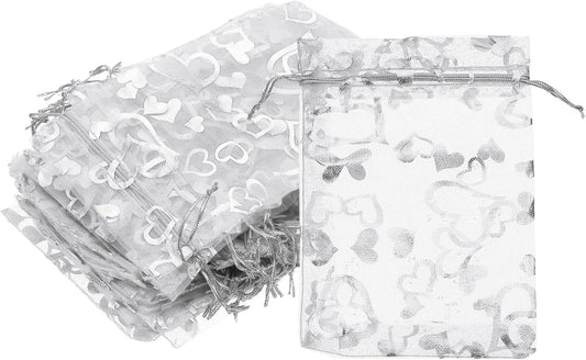 PATIKIL 100 Pcs 4x6 Inch Heart Printed Organza Bags, Silver Sheer Heart Organza Bags with Drawstring for Christmas Candy Jewelry Party Wedding Favor Gift