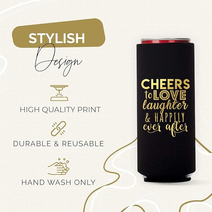 Wedding Can Cooler Decorations Set of 12 - Cheers to Love Laughter and Happily Ever After, Wedding Rehearsal Dinner Decorations - Bridal Showers, Engagement Party Favors for Guests and Supplies