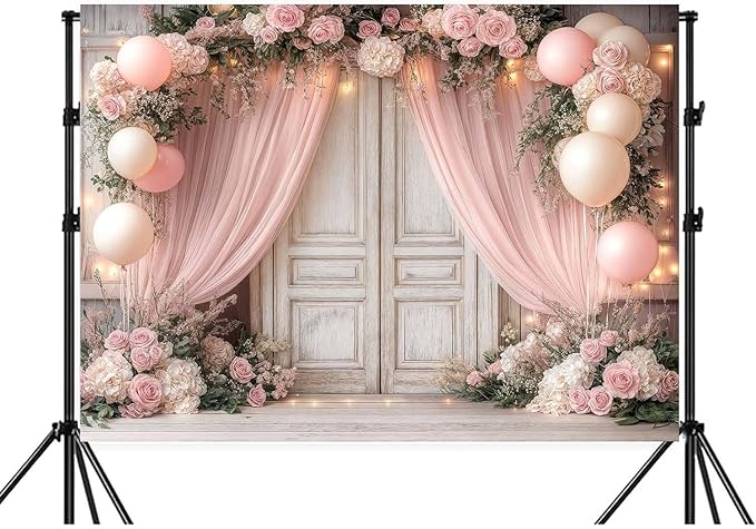6X4ft Wedding Floral Backdrop Vintage White Wood Barn Doors Pink Rose Flowers Elegant Photography Background Bridal Anniversary Party Photo Shoot Decor Props