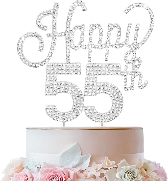 LINGTEER Happy 55th Birthday Silver Rhinestone Cake Topper - Cheers to 55th Birthday 55 Years Old Anniversary Party Cake Centerpieces Topper Decorations Gift Sign.