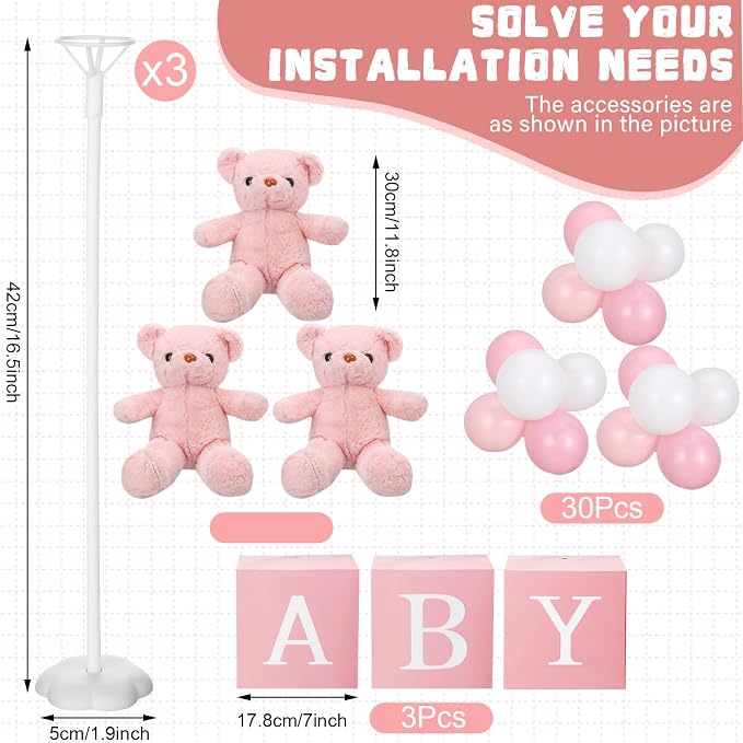 Lenwen 3 Sets Jungle Animal Decoration for Baby Shower Letter Boxes Baby Shower Table Centerpiece Stuffed Animals Balloon with Stand Plush Boxes for Party(Pink,Bear)