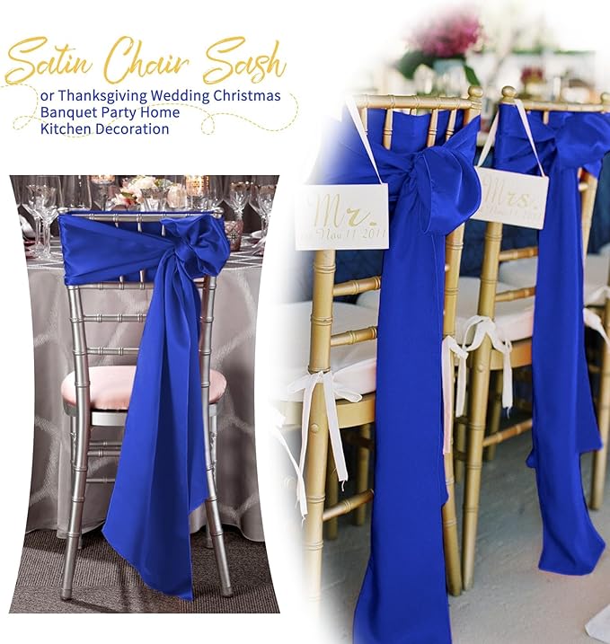 60 PCS Royal Blue Satin Chair Sashes, Ties Bows Designed Chairs Decorative, Chair Cover Sashes for Thanksgiving Wedding Christmas Banquet Party Home Kitchen Decoration (7 x 108 inch)
