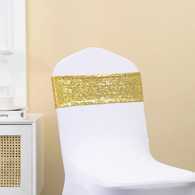100 Pack Gold Sequin Chair Sashes for Wedding Decor, Glitter Chair Sash Bows Bands with Buckles for Party Birthday Christmas Anniversary Banquet Celebration Events Decorations
