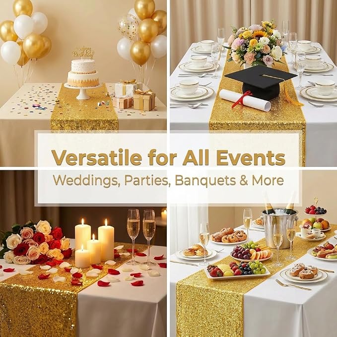 2 Pack Gold Sequin Table Runner 12x108 Inch, High Density Sparkly Glitter Table Runners for Wedding Reception, Party Decorations, Birthday Banquet, Shimmering Gold Decor