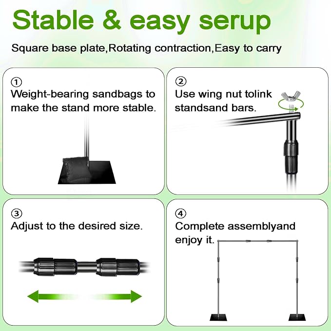 8x10 ft Adjustable Green Screen Backdrop Kit with Stand, Photo Background Support System for Video Streaming, Photography, Studio, Parties, Events