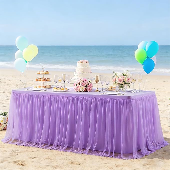 Light Purple 2-in-1 Stretch Tulle Table Cover & Skirt – Fits 8ft Rectangular Tables, Perfect for Baby Shower, Bridal, Birthday & Princess Parties (1 Pack)
