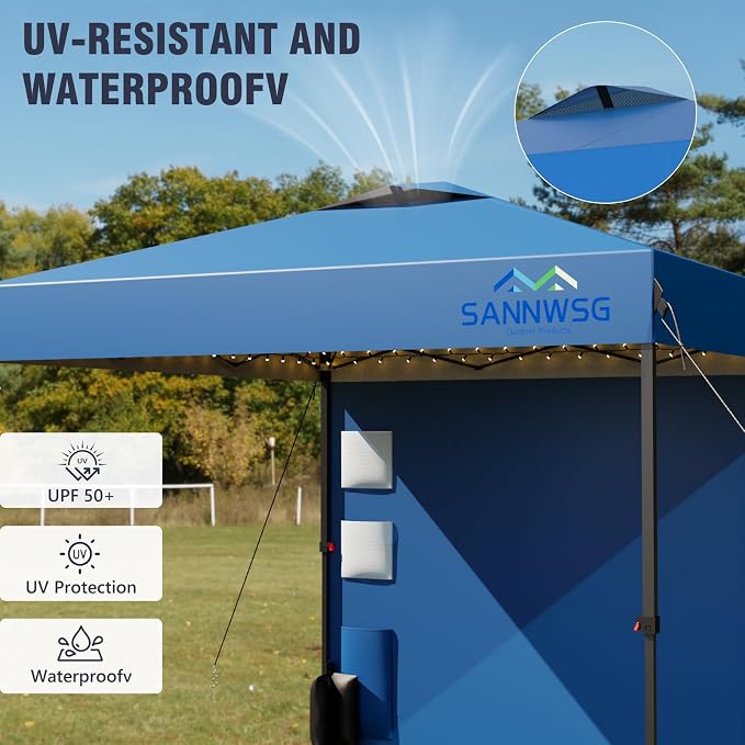 10X10 Pop Up Canopy Tent with Wall,Removable Pockets Sidewall for Extra Storage,Heavy Duty One Person Set Up Event Tent,Easy Up Canopy with One Push Button,Blue