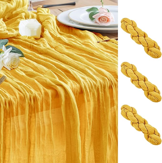 Wokceer Cheesecloth Table Runner 3Pack 10FT Gold Christmas Gauze Cheese Cloth Table Runner for Party Easter Rustic Sheer Table Runners for Baby Bridal Shower Wedding Table Decor