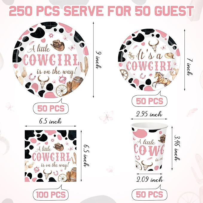 Pickmesh 250 Pcs Cowgirl Baby Shower Little Cowgirl Is on the Way Party Decorations Wild Western Theme Disposable Plates Napkins Cups for Baby Shower Party Supplies Serve 50
