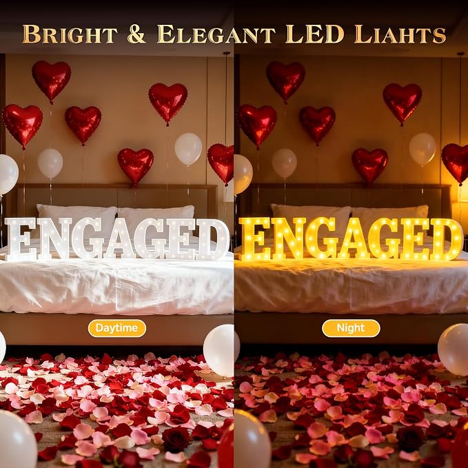 Engaged Decorations, Engaged Light Up Letters Sign with Rose Petals, Aluminum Balloons, Round Pearlescent Balloon, Double Sided Tape for Valentine's Day Wedding Romantic Party