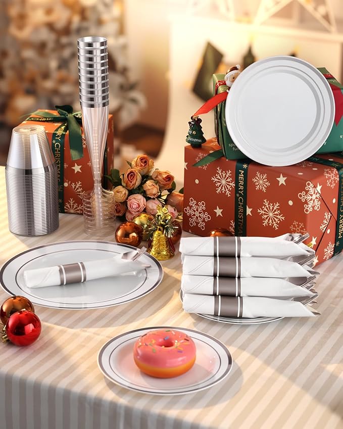 Goodluck 320 PCS Silver Disposable Plastic Dinnerware Set for 40 Guests, Include 40 Dinner Plates, 40 Dessert Plates, 40 Napkins with Silverware, 40 Cups, 40 Champagne Glasses, for Christmas, Wedding