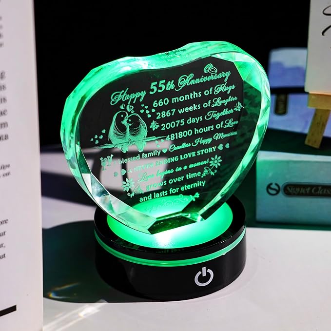 YWHL 55th Wedding Anniversary Crystal Heart Gifts for Couple Parents, Laser Engraved Romantic 55 Year Anniversary Crystal Keepsake Gifts for Wife Husband, 55 Years of Marriage Gifts for Her Him