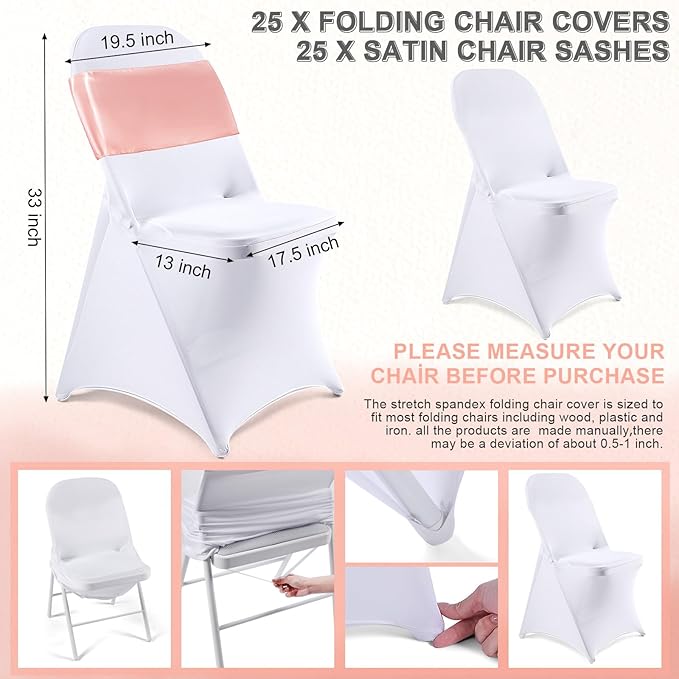 Lounsweer 50 Pcs Folding Chair Cover Set with 25 Stretch Spandex Slipcovers 25 Satin Chair Sashes Bows Ribbon Washable Banquet Protector for Wedding Event Party(White, Rose Gold)