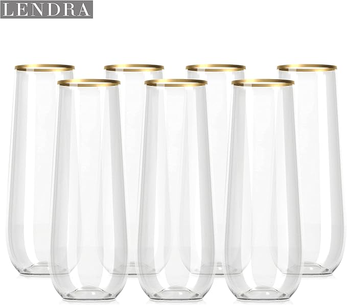 30 Plastic Stemless Champagne Flutes - Disposable Unbreakable 9 Oz toasting glasses, With Gold rim | Reusable, Clear, Fancy & Shatterproof Champagne Glasses - Ideal for Weddings, Birthdays, Parties
