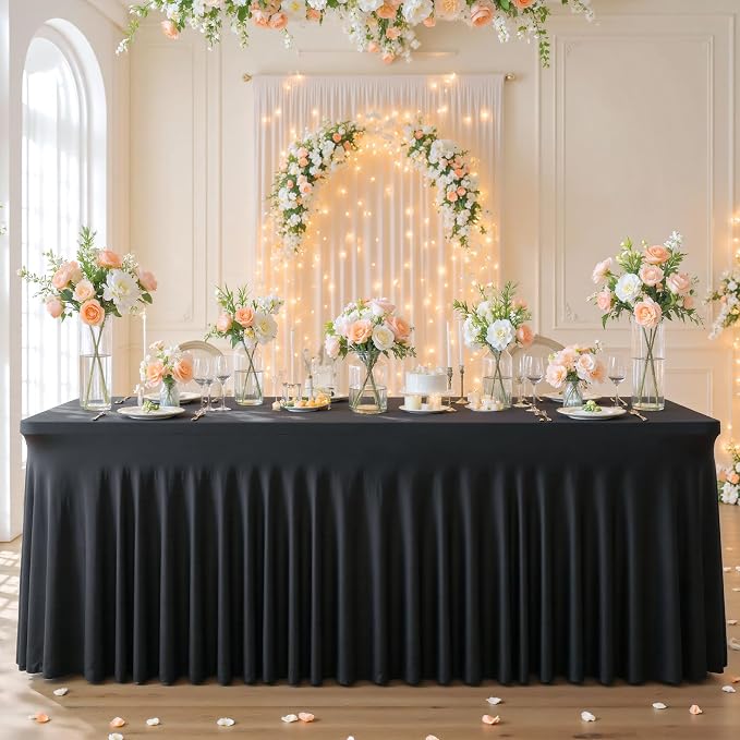 6 Pack Black Table Cloth for 8 Foot Rectangle Tables Spandex Fitted Tablecloth 8ft Stretch Table Covers Skirt Black Banquet Tablecloths Wrinkle Free Tablecloth for Party Wedding Birthday Event