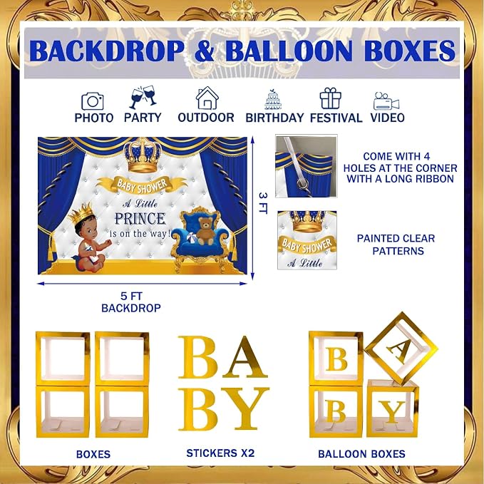 122 PCs Royal Prince Baby Shower Decorations for Boy, Fiesec A Little Prince Is On The Way Its Royal Baby Shower Backdrop Balloon Garland Banner Cake Cupcake Topper Crown Star Blue White Gold