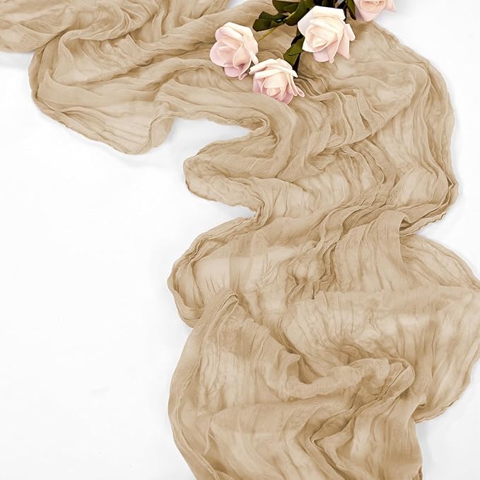 10 Pack Beige Table Runner 10Ft Cheesecloth Table Runner Boho Gauze Table Runners Romantic Long Sheer Fabric Cheese Cloth Table Runners for Wedding Party Bridal Shower(Beige)