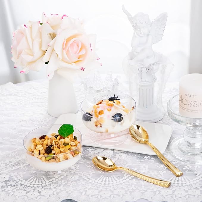 WDF 7oz Clear Dessert Cups Disposable - 96 Pack Dessert Cups With Mini Gold Spoons Plastic Parfait Cups Medium to Large 48 Ice Cream Plastic Cups & 48 Gold Tasting Spoons for Party & Thanksgiving