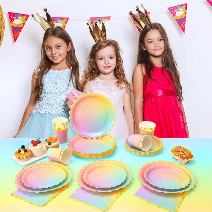 169 Pcs Rainbow Birthday Decorations, Rainbow Plates, Pastel Birthday Plates and Napkins Serves 24, Girls Party, Pastel Party Decorations，Colorful Pride Month