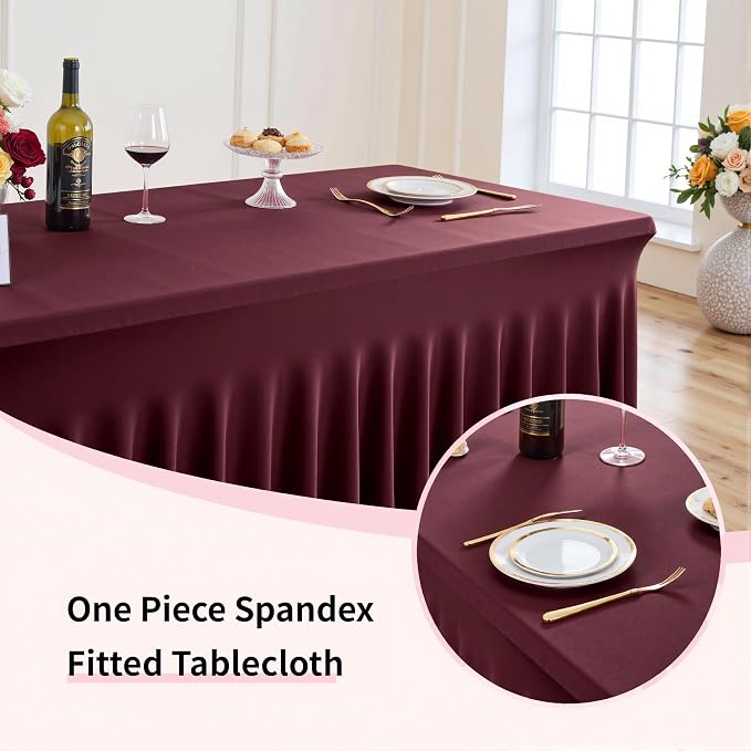 Outpain 6ft Spandex Table Cloth for Standard Folding Tables-4Pack Burgundy Table Cloth Table Protector for Party, Wedding, Cocktail, Banquet, Festival