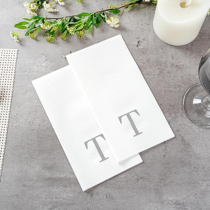 Luxenap 15.8 X 7.9 Inch Linen-Feel Guest Towels, 50 Lettered Hand Towels - Silver Letter 'T', Sans Serif Font, White Paper Dinner Napkins, airlaid, For Restrooms And Tables - Restaurantware