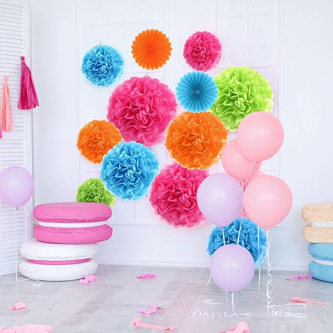 Janinka Color Hanging Decorations- Tissue Paper Pom Poms and Fans Ceiling Decorations Paper Flowers for Birthday, Baby Shower, Bachelorette Bridal Wedding Supplies