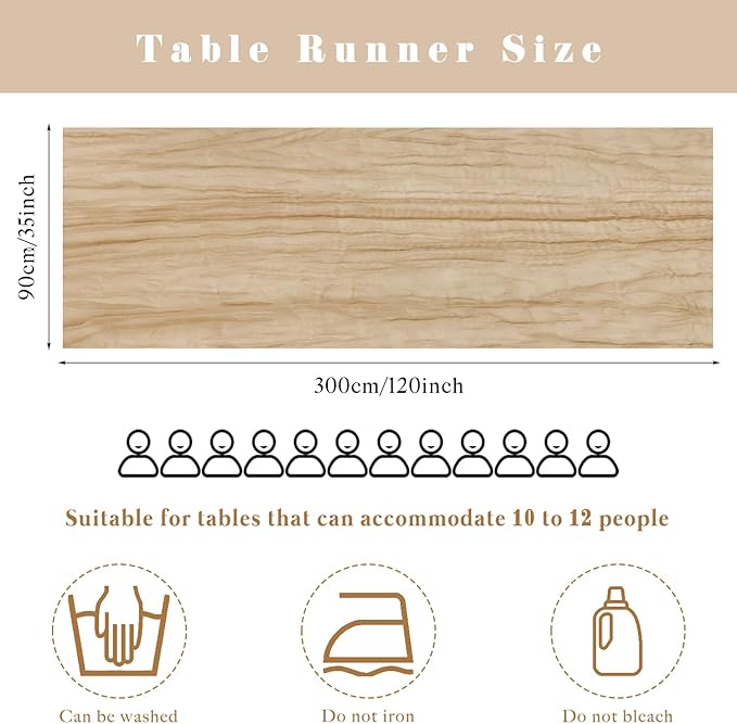 Sand 35 x 120 Inches Long Cheesecloth Table Runner Gauze Fabric 10Ft Boho Table Runner Rustic Sheer Runner for Wedding Baby Bridal Shower Birthday Holiday Party Table Arbor Decor (Sand)