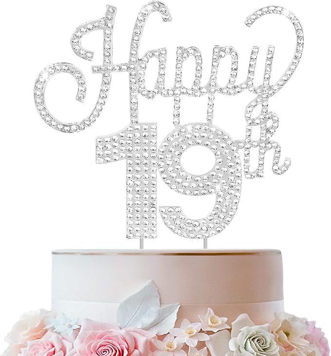 LINGTEER Happy 19th Birthday Silver Rhinestone Cake Topper - Cheers to 19th Birthday Nineteen Years Old Party Cake Centerpieces Topper Decorations Gift Sign.