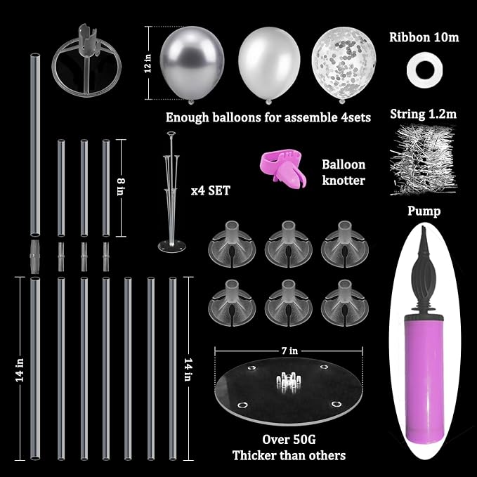 ZJDHPTY 4Set Silver Balloon Stand Table Centerpieces Party Decor | 25th Birthday Decorations 25th Anniversary Wedding Bridal Shower Graduation Graduation Prom New Years Eve Party Supplies