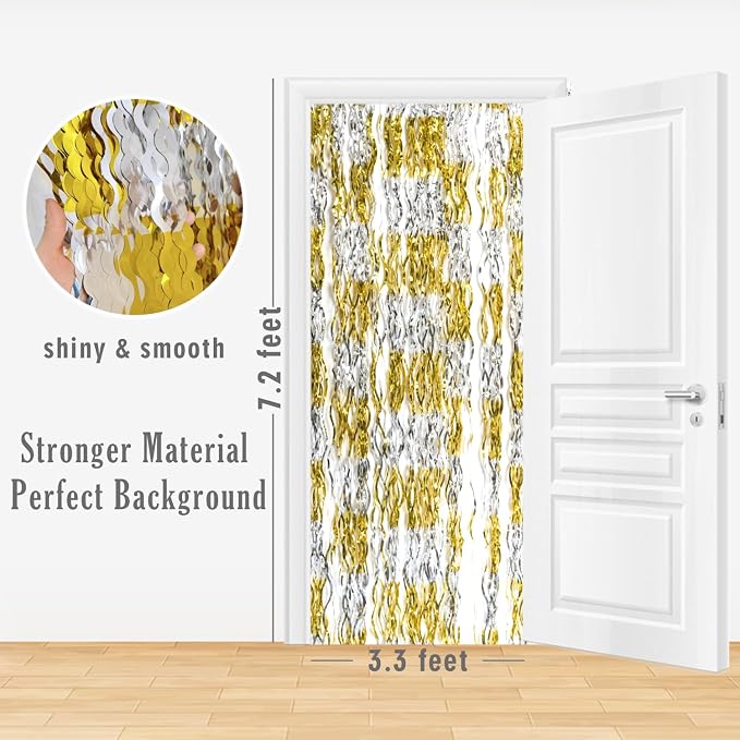 GOER Metallic Tinsel Foil Fringe Curtains Party Photo Backdrop Party Streamers for Birthday,Graduation,New Year Eve Decorations Wedding Decor (5 Packs,Gold&Silver)