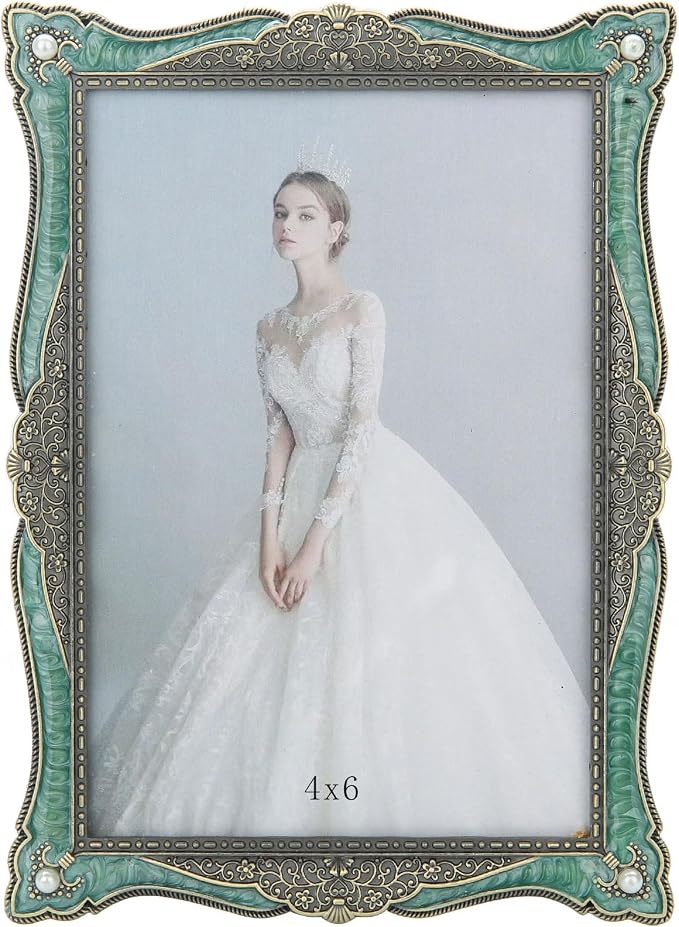 4x6 Vintage Picture Frame Green Metal Emerald Antique Brass Pearl Photo Frame Retro Home Decor, Clear Glass Front, Unique Gifts for Women Wedding Mothers Day, Horizontally & Vertically