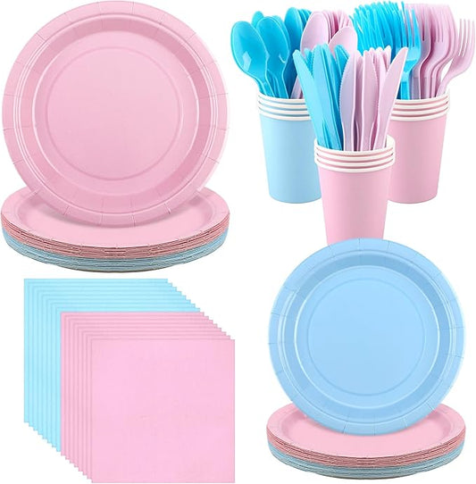 Kochorie 216 Pcs Gender Reveal Party Supplies Set, Pink and Blue Disposable Paper Tableware Set 7 inch & 9 inch Plates Cups Napkins Cutlery for Birthday Baby Shower Party Decorations, Serve 24