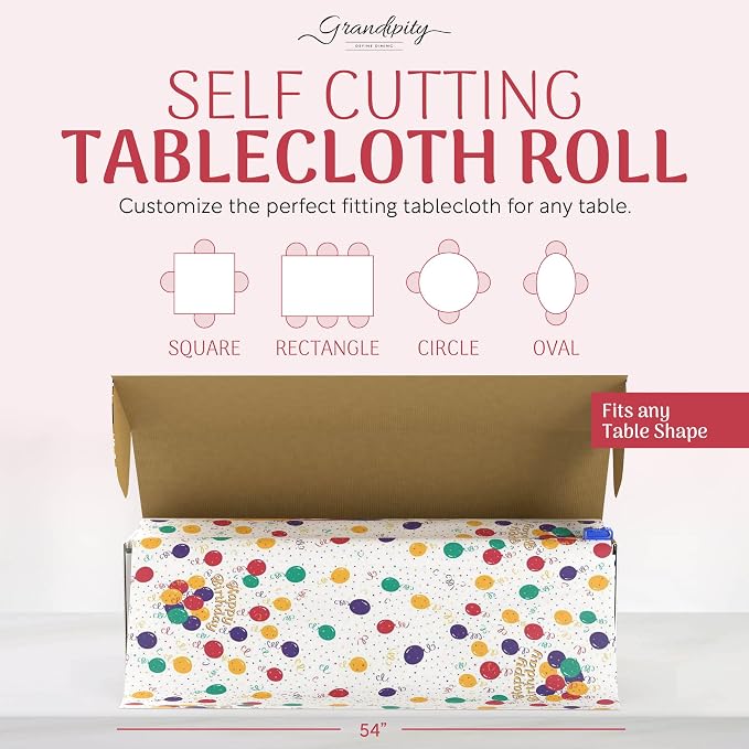 Grandipity Plastic Tablecloth Roll - 54in x 100 Ft. Happy Birthday Plastic Table Cloths Disposable with Cutter Box - Cut to Size Disposable Tablecloth Table Cover for Rectangle & Round