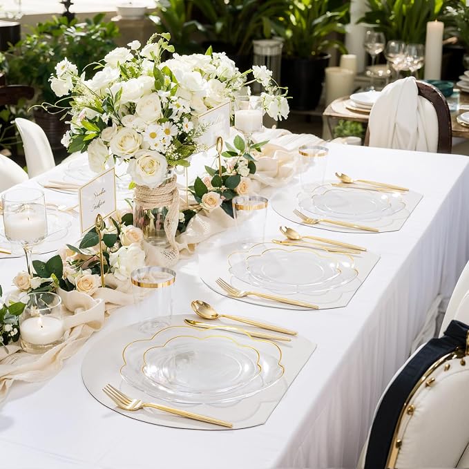 ejonirinjonir EI 180pcs Clear and Gold Plastic Plates with Plastic Silverware,Dinnerware Plate Set for Party,Disposable Plates Heavy Duty Clear Gold Cups for Wedding,Birthday,Spring Afternoon Tea