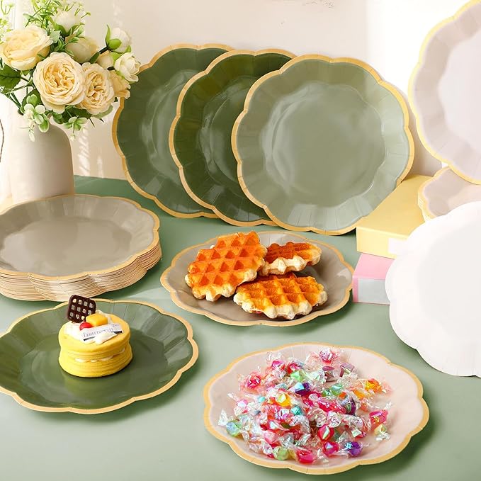 72 Pcs Sage Green Color Paper Plates 9 Inch Green Gradient Scalloped Paper Disposable Dinner Dessert Plates for Birthday Wedding Bridal Party Supplies, 6 Colors