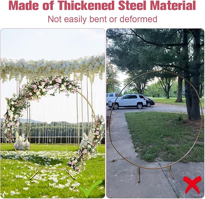 7 Ft Round Wedding Arch Stand with Metal Base for Flower Balloon Decoration, Circle Backdrop Stand Frame for Ceremony, Birthday Party, Baby Shower, Gold