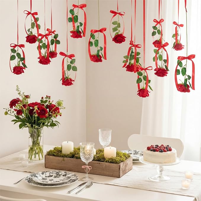 Sliner 25 Pcs Artificial Rose Flowers Hanging Decorations, Dangling Flowers Garland with Hooks Spring Party Decorations Hanging Flower Ceiling Decoration for Wedding Party Spring Home Birthday(Red)