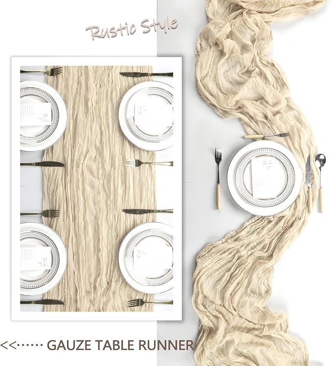 6 Pack Beige Cheesecloth Table Runner 10Ft Spring Gauze Cheese Cloth Table Runner 35x120 Inch Boho Sheer Rustic Fabric for Party Decor Baby Shower Wedding Holiday Decorations